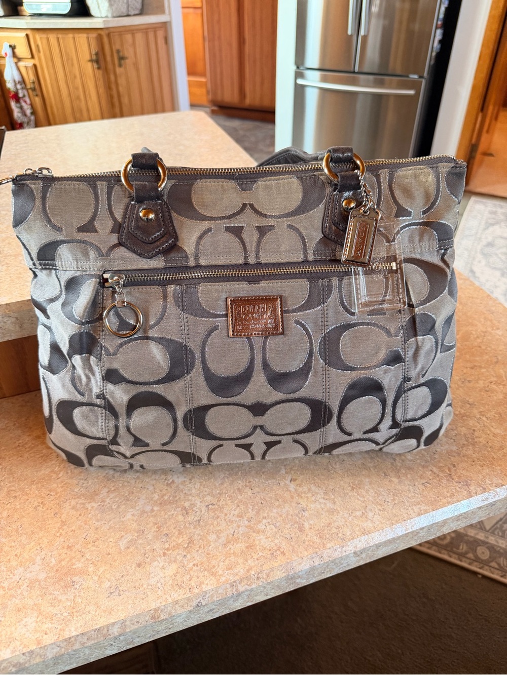Coach Signature Canvas Shoulder Bag in Gray and Dark Brown